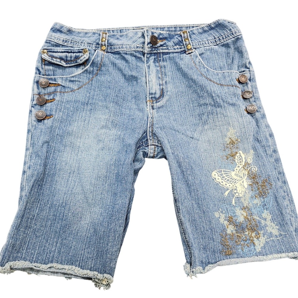 Hannah Montana Girls Blue Denim Butterfly Beaded Bermuda Shorts Sz 14 Y2K Disney